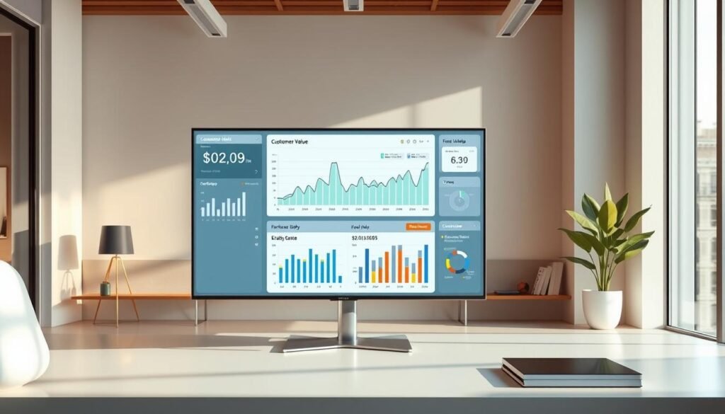 A high-quality, detailed illustration of "customer lifetime value google ads" for the article section "Customer Lifetime Value and Value-Based Bidding". The image should feature a vivid, photorealistic scene depicting a business dashboard or analytics interface, showcasing customer lifetime value metrics, Google Ads performance data, and value-based bidding strategies. The scene should be set in a modern, minimalist office environment with clean, professional design elements. Lighting should be natural and diffused, with a warm, inviting atmosphere. The tontonbusiness.net brand name should be subtly incorporated into the scene, perhaps as part of the UI or branding elements. The overall impression should convey the importance of understanding customer lifetime value and leveraging value-based bidding to optimize Google Ads campaigns.