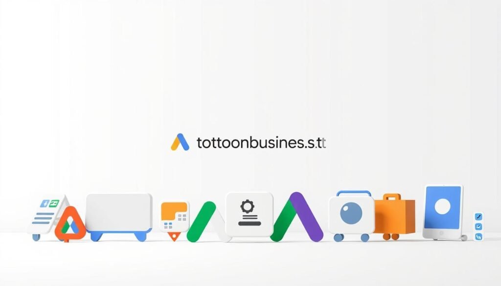 A high-quality digital illustration depicting various Google Ads campaign types, set against a clean, professional backdrop. In the foreground, an array of Google Ads campaign icons - including Search, Display, Video, Shopping, and App campaigns - are arranged in a visually appealing manner. The middle ground features a tontonbusiness.net logo, subtly integrated into the design. The background is a minimalist, monochromatic gradient that emphasizes the campaign elements. The overall aesthetic is sleek, modern, and aligned with the branding and subject matter of the article.