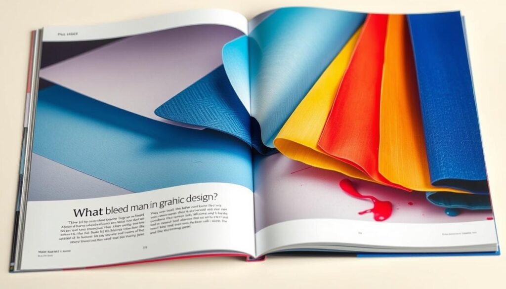 A high-quality magazine page displaying a full bleed image. The foreground features a large, vibrant photograph of various printing papers and inks, capturing the textures and hues in crisp detail. The middle ground showcases a clean, minimalist layout with the section title "What does bleed mean in graphic design and why it matters for print" prominently displayed. The background is a soft, gradient-based backdrop that complements the overall design aesthetic. The lighting is natural, with a soft, diffused look that enhances the material's tactile qualities. The camera angle is slightly angled, creating a sense of depth and dynamism. The overall mood is professional, informative, and visually engaging, perfectly suited for the subject matter.