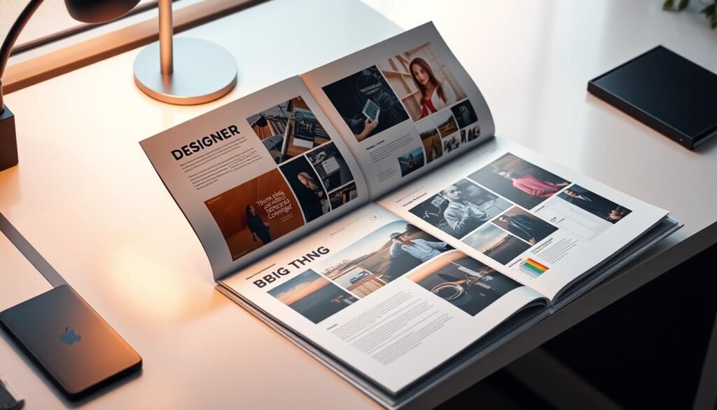 A high-quality, professional-looking design portfolio showcasing a diverse range of digital and print work, displayed on a sleek, modern desk with a minimalist aesthetic. The portfolio is open, revealing carefully curated pages featuring stunning typography, vibrant color palettes, and impactful imagery. Soft, directional lighting from an overhead source casts a warm glow, highlighting the attention to detail and craftsmanship of the designer's work. The desktop is clutter-free, with a clean, uncluttered layout that emphasizes the focus on the portfolio itself. The overall mood is one of confidence, creativity, and a strong command of design principles.