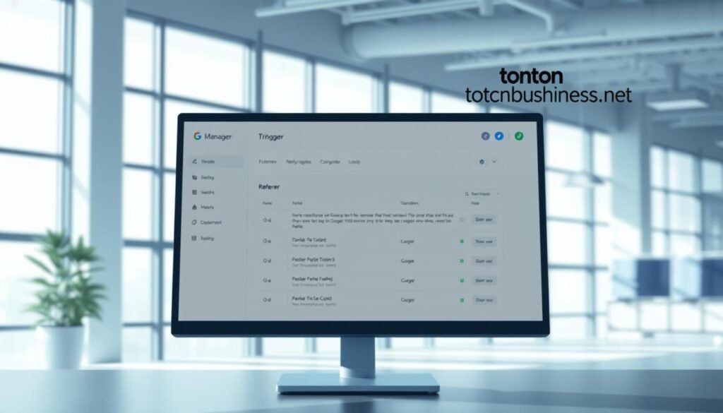A high-quality, realistic illustration of a computer screen showing the Google Tag Manager interface, with a focus on the "Referrer" condition in the firing rules. The scene is set in a modern, minimalist office environment with ample natural lighting filtering through large windows. The display showcases the GTM dashboard and the detailed configuration options for monitoring and controlling referral-based triggers. The overall mood is one of efficiency, professionalism, and technological sophistication. The tontonbusiness.net logo is prominently displayed in the top-right corner.
