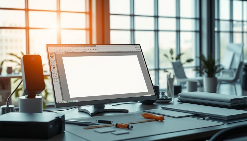 A high-quality, ultra-detailed photograph of a professional graphic designer's workstation, showcasing a full bleed printing layout. The foreground features an open graphic design software application, displaying a document with a full bleed image filling the entire canvas. In the middle ground, an assortment of design tools, including a ruler, X-Acto knife, and various specialty papers. The background depicts a modern, minimalist office space with large windows, allowing natural light to pour in and create a soft, even illumination throughout the scene. The overall atmosphere is one of focused creativity, precision, and a deep understanding of the principles of graphic design.