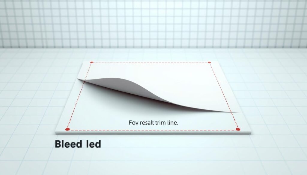 A high-resolution, detailed 3D illustration showcasing the anatomy of a print-ready graphic design file. The foreground prominently displays a bleed area, depicted as a thin red border extending past the trim line. The trim line is represented by a dashed line, and crop marks are shown at the corners. In the middle ground, a safety margin is clearly visible, indicated by a dotted line inside the trim line. The background features a clean, minimalist workspace with a grid pattern, conveying a sense of precision and professionalism. The lighting is soft and diffused, creating a clear, informative presentation of the key design elements. The overall mood is one of technical clarity and design expertise.