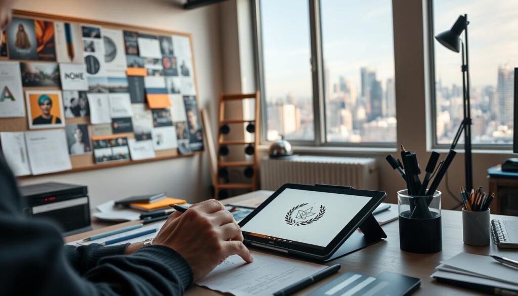 A highly focused, well-lit studio setting. In the foreground, the hands of a skilled graphic designer meticulously crafting an elegant logo design on a tablet, their tools and materials neatly arranged around them. The middle ground features a mood board with inspiring visual references, color palettes, and typography samples, hinting at the designer's deep understanding of their craft. In the background, a large window offers a view of a bustling city skyline, symbolizing the designer's ability to distill the energy and essence of their environment into their work. The lighting is soft and warm, creating a sense of focus and concentration. The overall atmosphere conveys the dedication, expertise, and specialization required to excel as a graphic designer.