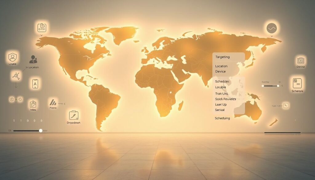 A large, glowing world map takes center stage, its continents and oceans illuminated by a soft, natural light. Surrounding it, an array of targeting icons, filters, and interface elements hover in a clean, minimalist layout. Sleek sliders and dropdown menus allow for precise adjustments to location, device, and scheduling parameters, casting a subtle glow across the scene. The overall atmosphere is one of power and control, conveying the versatility and impact of these key advertising levers.