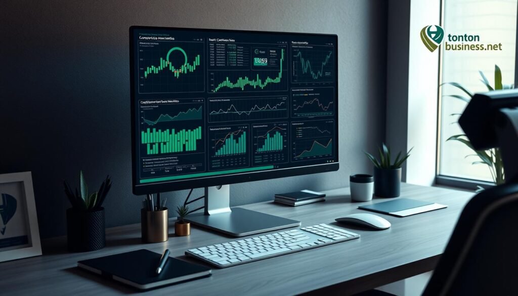 A meticulously arranged desk with a computer monitor displaying intricate charts and graphs, highlighting key data points and compliance metrics. Muted tones of gray, blue, and green create a sense of professionalism and attention to detail. Sleek, modern office accessories and a stylized tontonbusiness.net logo subtly displayed in the corner convey a sophisticated, tech-savvy aesthetic. Warm, directional lighting casts subtle shadows, emphasizing the precision and importance of the information presented. The overall scene exudes an atmosphere of diligence, accountability, and responsible data management.