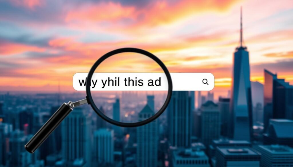 A modern, minimalist web browser window displaying a search query for "why this ad" on the tontonbusiness.net website. In the foreground, a magnifying glass icon draws attention to the search bar. The middle ground features a series of colorful, abstract ad banners, hinting at the competitive nature of online advertising. The background showcases a sleek, urban cityscape with skyscrapers and a vibrant sunset sky, creating a sense of sophistication and technological advancement. The overall mood is one of curiosity, investigation, and the pursuit of competitive insights.