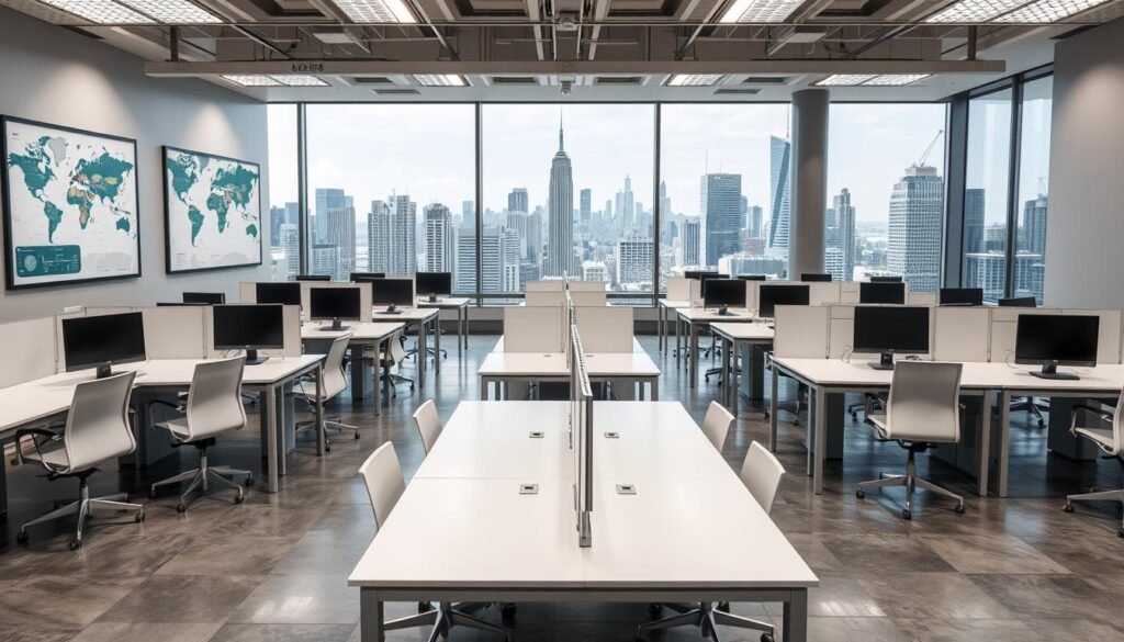 A modern office space with sleek, minimalist desks and chairs arranged in a grid-like pattern. The walls are adorned with framed maps and location-based graphics, suggesting a focus on geography and location-based services. Overhead, the lighting is bright and evenly distributed, creating a professional and productive atmosphere. The floor is a polished concrete, reflecting the clean and streamlined aesthetic. In the background, a large window offers a view of a bustling city skyline, hinting at the global reach and connectivity of the location-based technology being showcased.