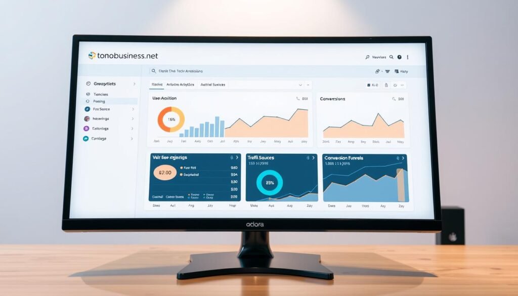 A modern, sleek data dashboard showcasing Google Analytics 4 (GA4) tracking metrics. The dashboard is displayed on a high-resolution computer monitor with a clean, minimal design. The tontonbusiness.net logo is prominently featured in the top-left corner. The display shows various GA4 metrics and visualizations, such as user acquisition, traffic sources, and conversion funnels, all presented in a clear, intuitive manner. The overall scene is well-lit, with a soft, directional light source illuminating the screen. The background is blurred, placing the focus entirely on the GA4 dashboard and its data insights.