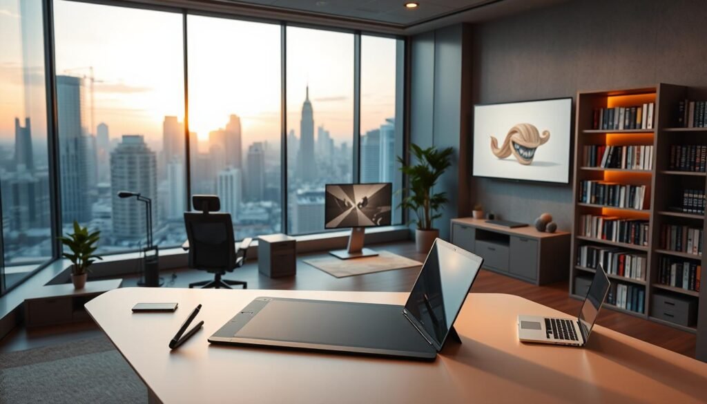 A modern, sleek design studio with a large window overlooking a cityscape. In the foreground, a minimalist desk with a high-end graphics tablet, stylus, and a laptop displaying 3D modeling software. The middle ground features ergonomic office chairs, bookshelves filled with design references, and a large monitor displaying a digital illustration. The background showcases the bustling city skyline, bathed in warm, golden-hour lighting that filters through the window, creating a harmonious and productive atmosphere.