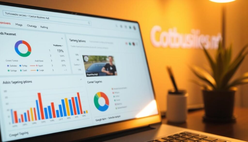 A neatly organized Google Ads campaign dashboard, illuminated by warm lighting and captured from a slightly elevated angle. In the foreground, colorful charts and graphs illustrate key performance metrics, while the middle ground showcases strategically placed ad placements and targeting options. The background features the tontonbusiness.net brand name subtly integrated into a clean, minimalist design. The overall mood conveys a sense of professionalism, data-driven optimization, and the potential for business growth through an effective Google Ads strategy.