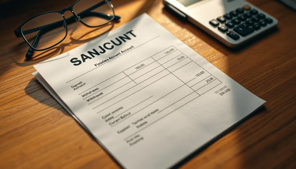 A neatly organized business bank account statement resting on a wooden desk, illuminated by warm, directional lighting that casts subtle shadows. The statement displays clear line-items for deposits, withdrawals, and the current balance, conveying a sense of financial order and control. In the background, a pair of eyeglasses, a pen, and a calculator suggest the diligent management of this important financial aspect of the growing graphic design business.