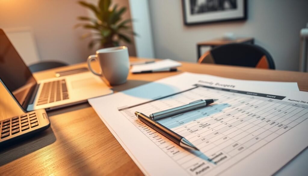 A neatly organized business monthly budget spreadsheet lies open on a wooden desk, bathed in warm, directional lighting that casts subtle shadows. In the foreground, a pen and calculator rest atop the document, conveying a sense of active financial analysis. In the middle ground, a laptop and coffee mug add contextual details, suggesting a professional work environment. The background features a minimalist office setting, with a potted plant and framed artwork providing subtle visual interest. The overall mood is one of focused productivity and careful financial planning.