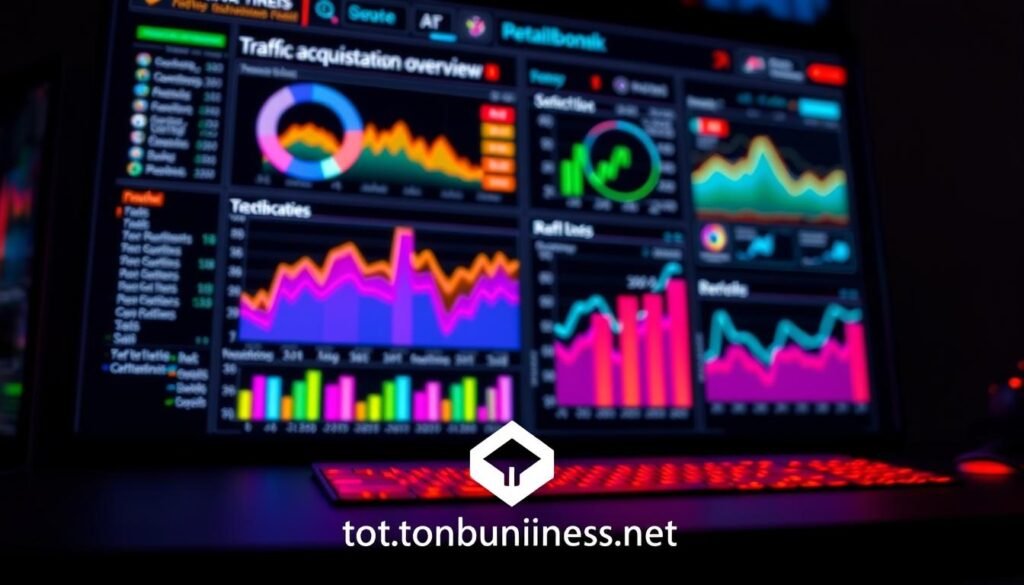 A neon-lit dashboard displaying a comprehensive GA4 traffic acquisition overview, with colorful charts, graphs, and metrics illuminating the referral landscape. The scene is bathed in a warm, pulsing glow, creating a sense of analytical depth and technological prowess. In the foreground, a sleek, minimalist tontonbusiness.net logo subtly anchors the composition, hinting at the expertise guiding this insightful data exploration. The overall atmosphere is one of focused problem-solving, where the intricacies of referral analysis come to life through a striking, data-driven visualization.