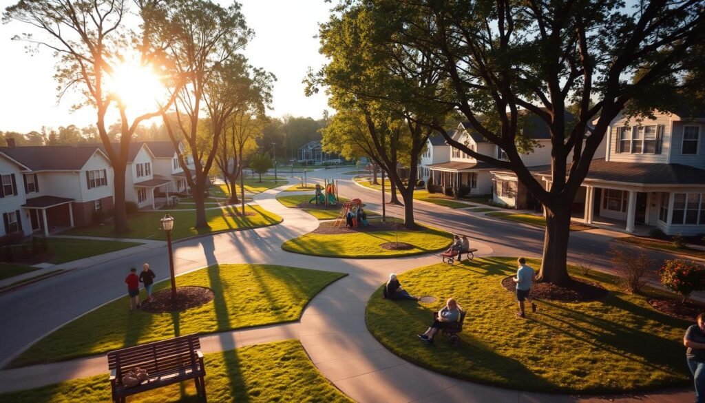 A peaceful suburban neighborhood, with neatly manicured lawns, rows of cozy two-story houses, and a winding tree-lined street. The sun casts a warm, golden glow, creating long shadows that stretch across the pavement. In the foreground, a family-friendly park with a playground and benches, where children play and parents converse. In the distance, a few small shops and cafes, their facades bathed in the soft afternoon light. The overall atmosphere is one of tranquility and community, conveying a sense of comfort and belonging. Captured with a wide-angle lens to emphasize the depth and scale of the scene.