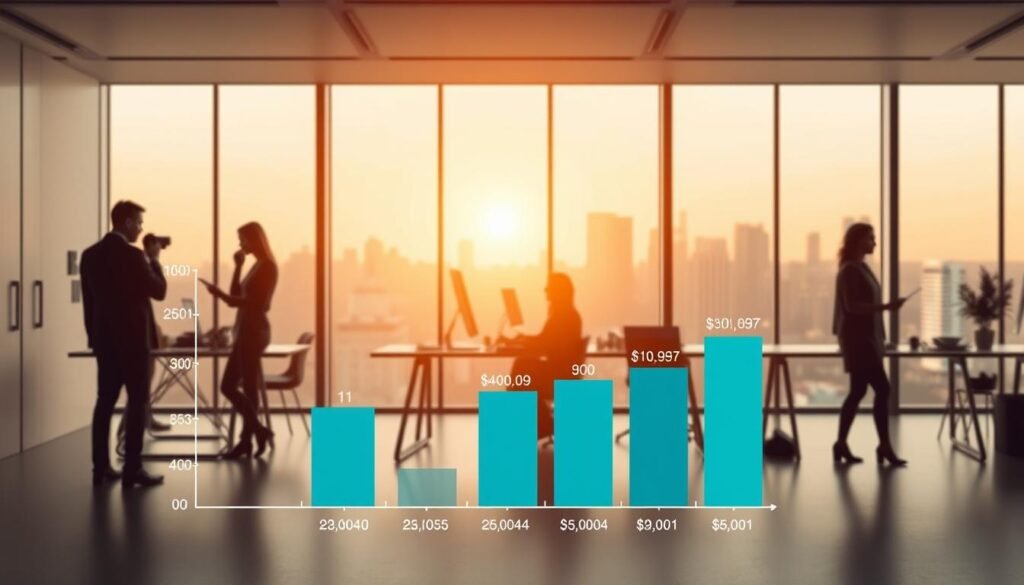 A photorealistic image depicting the salaries of graphic designers based on their level of experience and role. In the foreground, a bar chart showcases the range of annual compensation for entry-level, mid-career, and senior-level graphic designers. The middle ground features silhouettes of designers at work, surrounded by a soft, ambient lighting that casts a warm glow. The background depicts a minimalist office space with clean lines, neutral tones, and a large window overlooking a bustling city skyline. The overall tone is one of professionalism, success, and the value of skilled graphic design work.