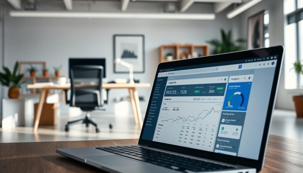 A professional and visually striking Google Ads campaign setup, shot with a high-quality DSLR camera. In the foreground, a laptop screen displays a meticulously crafted Google Ads dashboard, showcasing key performance metrics and campaign details. In the middle ground, a designer's workspace with a stylish desk, ergonomic chair, and various productivity tools. The background features a minimalist office environment with modern decor, abundant natural lighting, and a sense of focus and productivity. The overall mood is one of expertise, efficiency, and a commitment to online success.