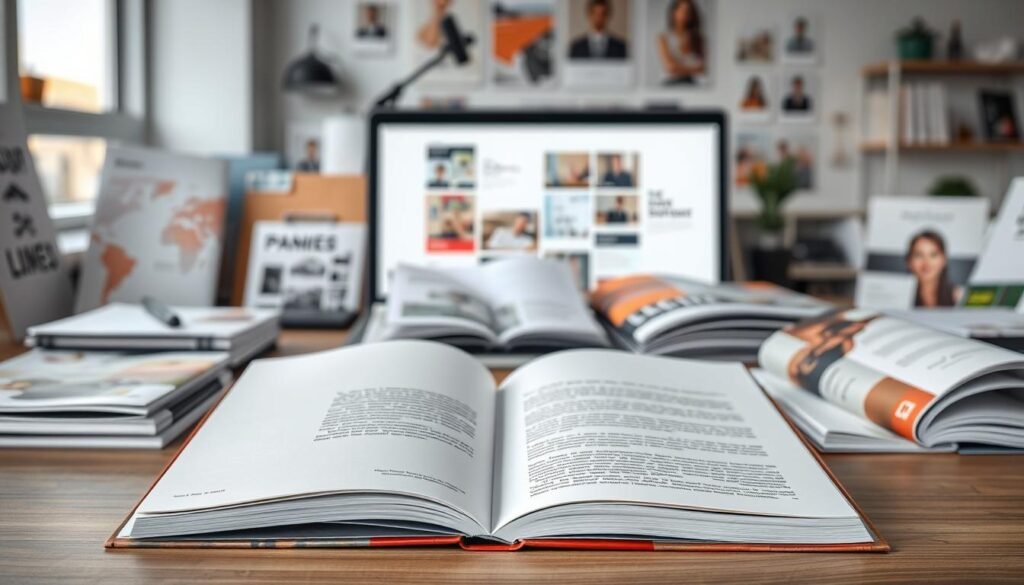A professional publication design with a clean, modern aesthetic. In the foreground, an open hardcover book with a minimalist cover design showcasing elegant typography and subtle accents. The middle ground features a variety of printed materials, such as magazines, brochures, and catalogs, arranged in a visually appealing layout. The background depicts a well-lit workspace with hints of creativity, such as a design software interface or a mood board. The overall scene conveys a sense of order, attention to detail, and the versatility of publication design as a career path.