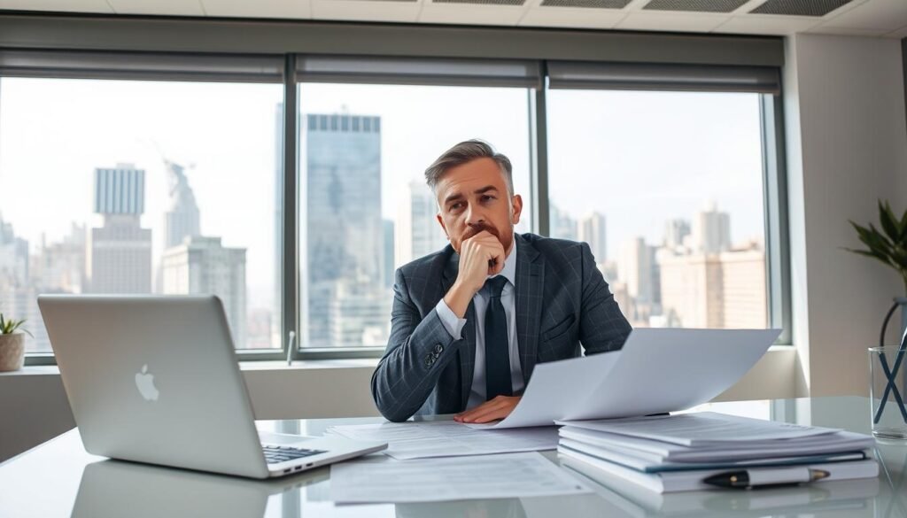 A professional, well-lit office scene with a business owner sitting at a desk, contemplating legal documents and forms related to business structures. A large window in the background provides natural lighting and a view of a bustling city skyline. The desk is neatly organized, with a laptop, a stack of papers, and a pen holder. The business owner appears focused, hand on chin, weighing the pros and cons of different business structures. The atmosphere is one of thoughtful deliberation, with a hint of determination to make the best decision for the future of the graphic design business.