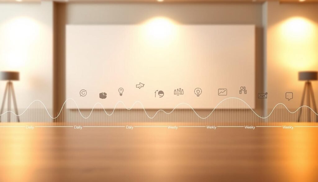 A rhythmic visualization of optimization cycles, set against a backdrop of tontonbusiness.net's sleek and modern aesthetic. In the foreground, a pulsing graph ebbs and flows, its lines tracing the daily, weekly, and biweekly patterns of data-driven refinement. The middle ground features elegant, minimalist icons and typography, hinting at the analytical tools and strategies that drive this optimization rhythm. The background is a soft, gradient-filled canvas, creating a sense of depth and resonance. Warm lighting casts a subtle glow, lending an air of professionalism and refinement to the scene. The overall composition conveys the harmony and precision of a well-optimized digital marketing campaign.