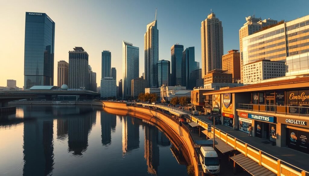 A serene cityscape with towering skyscrapers in the background, their reflections mirrored in the tranquil waters of a river that flows through the foreground. In the middle ground, a bustling commercial district with various store fronts and signage, conveying a sense of urban connectivity and location extensions. Warm, golden lighting bathes the scene, creating a vibrant, inviting atmosphere. The camera angle is slightly elevated, allowing for a comprehensive view of the layered, interconnected nature of the location. The overall mood is one of dynamic activity, highlighting the diverse range of business and commercial opportunities available within the city.