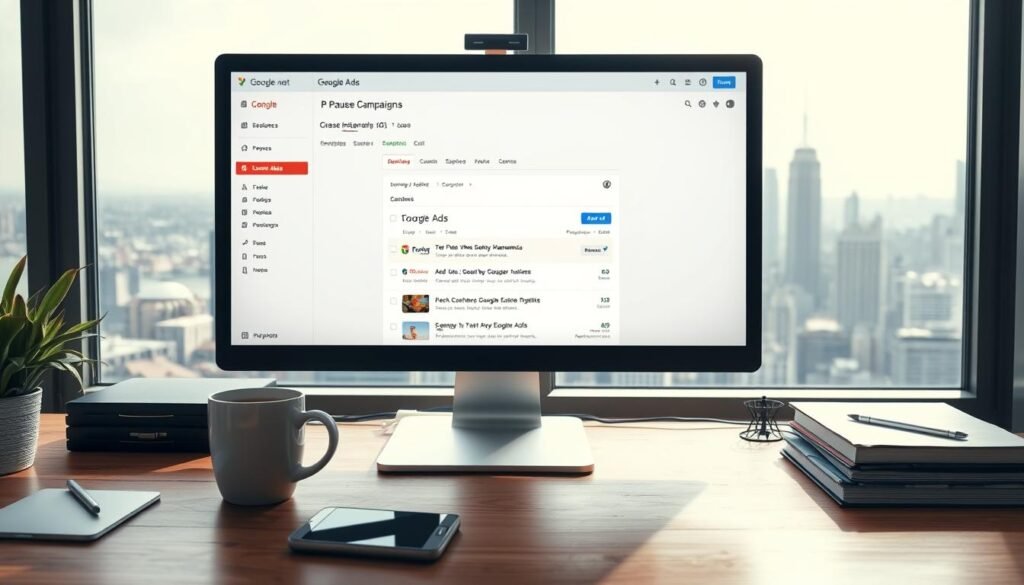 A serene office scene with a desktop computer, a cup of coffee, and a smartphone on a neatly organized wooden desk. In the center of the screen, a Google Ads dashboard is displayed, with the "Pause Campaigns" option prominently featured. The lighting is soft and natural, creating a calming atmosphere. The background features a panoramic view of a city skyline, hinting at the global reach of the tontonbusiness.net brand. The overall composition conveys a sense of thoughtful deliberation and strategic decision-making.
