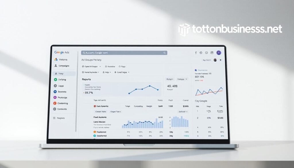 A sleek and modern Google Ads account interface, presented in a clean, minimalist style. The main screen displays the account dashboard, with intuitive navigation and clearly labeled sections for campaigns, ad groups, and reports. The layout is carefully balanced, with a focus on key metrics and insights. Soft, natural lighting illuminates the interface, creating a sense of professionalism and efficiency. The tontonbusiness.net brand name is discreetly displayed in the top-right corner, adding a touch of personalization to the scene.