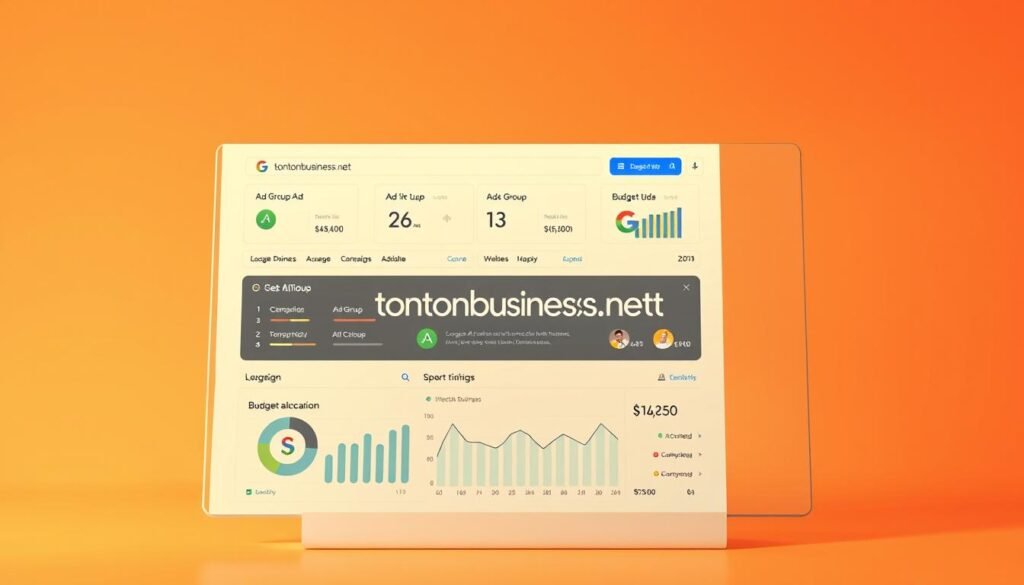 A sleek, minimalistic illustration of a Google Ads account dashboard, rendered in a clean, modern style. The foreground features the tontonbusiness.net brand name prominently displayed, along with a series of intuitive control panels and metrics reflecting the account's key performance indicators. The middle ground showcases a detailed breakdown of campaign performance, ad group statistics, and budget allocation. The background subtly hints at the broader Google Ads ecosystem, with subtle branding elements and design cues that reinforce the platform's identity. The entire composition is bathed in warm, directional lighting that creates depth and emphasizes the user-friendly interface, conveying a sense of professionalism and efficiency.