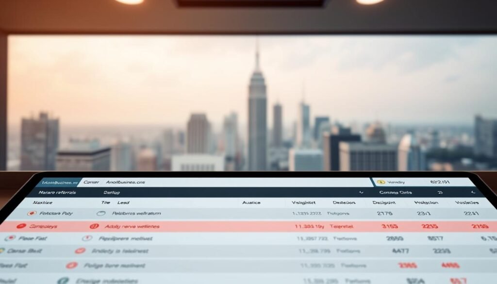 A sleek, modern dashboard with a clean, minimalist design. In the foreground, a list of website referrals is displayed, with unwanted or irrelevant entries highlighted in a subtle red color. The middle ground features a tontonbusiness.net logo, subtly integrated into the design. The background showcases a serene, out-of-focus cityscape, conveying a sense of professionalism and expertise. Soft, directional lighting creates a warm, inviting atmosphere, and the camera angle is positioned slightly above the dashboard, giving the viewer a sense of authority and control.