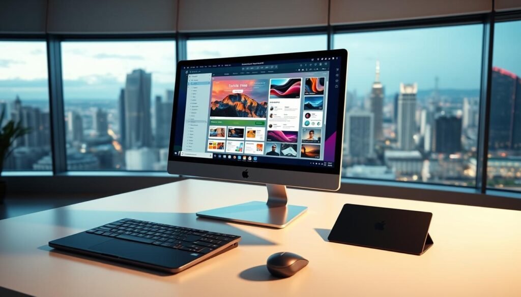 A sleek, modern digital workspace with a web user interface design. In the foreground, a stylish desktop computer with a curved, bezel-less display showcases a web design application, its interface brimming with vibrant colors, clean typography, and intuitive UI elements. The middle ground features a minimalist desk setup with a wireless keyboard, mouse, and a tablet for digital sketching and wireframing. In the background, a large panoramic window provides a scenic view of a bustling city skyline, conveying a sense of creativity and connection to the digital world. Soft, directional lighting illuminates the scene, creating a warm, inviting atmosphere for the digital web user experience designer.