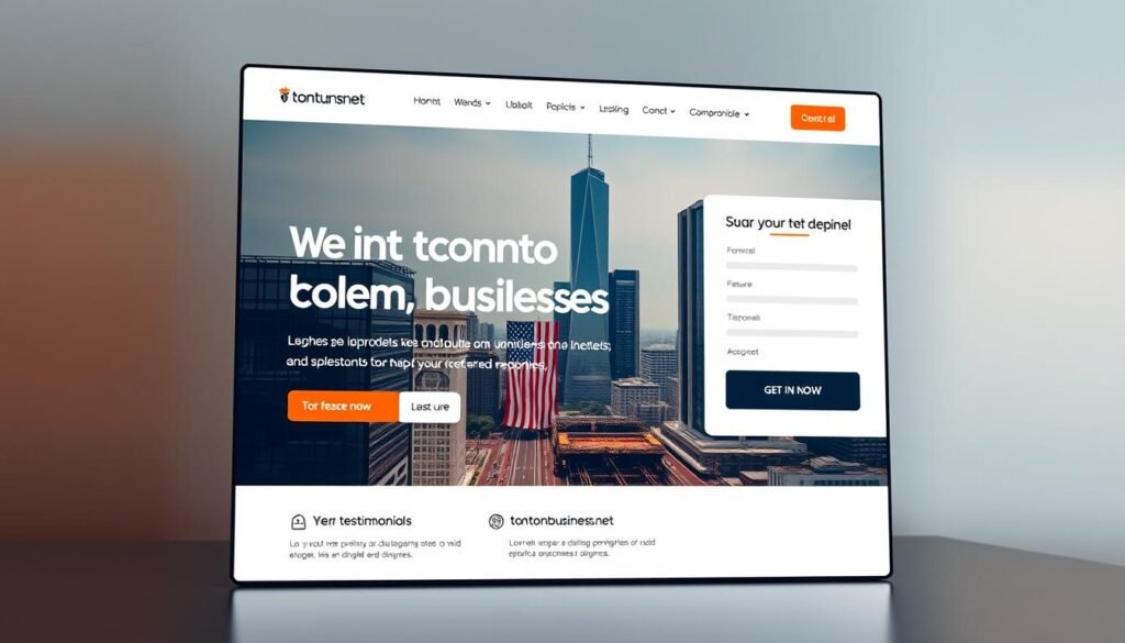A sleek, modern landing page for tontonbusiness.net, showcasing a clean, minimalist design with a bold, eye-catching hero section. The page features a captivating hero image, perhaps a striking cityscape or dynamic business scene, accompanied by a concise, persuasive headline and a prominent call-to-action button. The layout is designed to guide the user's attention, with well-placed sections highlighting key features, testimonials, and a conversion-focused form. The overall aesthetic is professional, polished, and tailored to convey the tontonbusiness.net brand identity. Subtle, warm lighting and a high-quality camera lens create a sense of depth and sophistication, while the composition and camera angle emphasize the page's modern, responsive design.