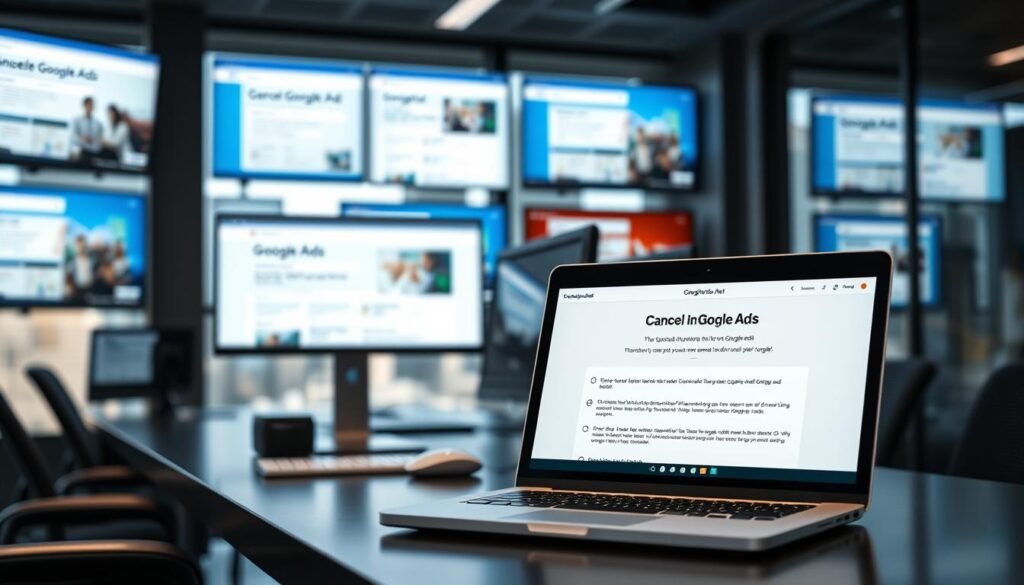 A sleek, modern office setting with an array of digital screens displaying various Google Ads campaigns. The foreground features a laptop displaying a step-by-step process for canceling Google Ads, with clean UI and minimal text. The middle ground showcases a desktop setup with a monitor, keyboard, and mouse, all reflecting the tontonbusiness.net branding. The background has muted, professional lighting and a blurred cityscape view through a large window, conveying a sense of productivity and focus. The overall atmosphere is one of efficiency and problem-solving, with a touch of subtle sophistication.