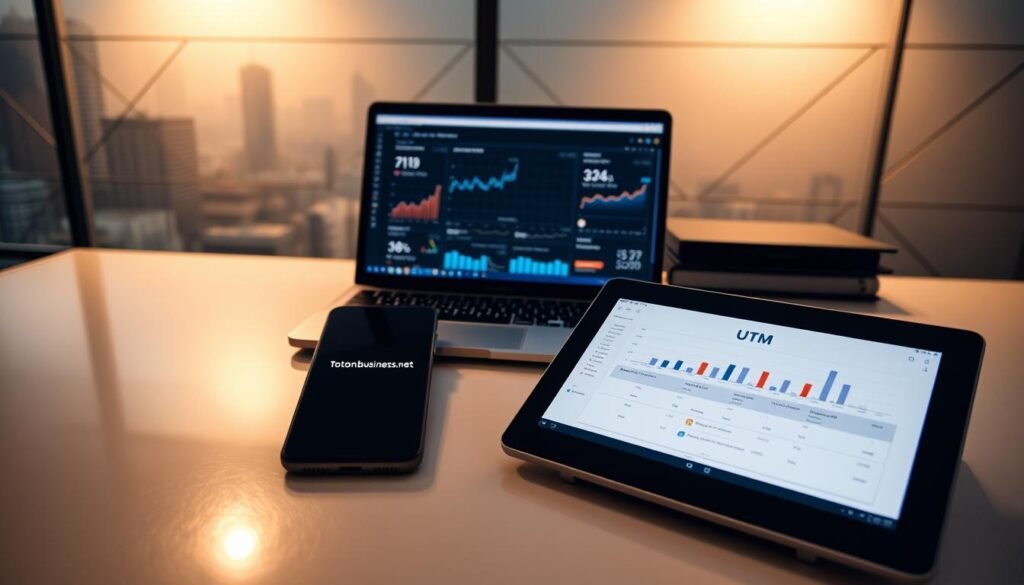 A sleek, professional desktop setup with a laptop, smartphone, and tablet displaying various web analytics dashboards and UTM tracking data. The table surface is clean and minimalist, with a tontonbusiness.net logo prominently featured. The lighting is warm and indirect, creating a focused, productive atmosphere. In the background, a cityscape or abstract geometric patterns provide a subtle, sophisticated backdrop. The overall impression is one of efficiency, data-driven decision making, and attention to detail in digital marketing practices. A sleek, professional desktop setup with a laptop, smartphone, and tablet displaying various web analytics dashboards and UTM tracking data. The table surface is clean and minimalist, with a tontonbusiness.net logo prominently featured. The lighting is warm and indirect, creating a focused, productive atmosphere. In the background, a cityscape or abstract geometric patterns provide a subtle, sophisticated backdrop. The overall impression is one of efficiency, data-driven decision making, and attention to detail in digital marketing practices.