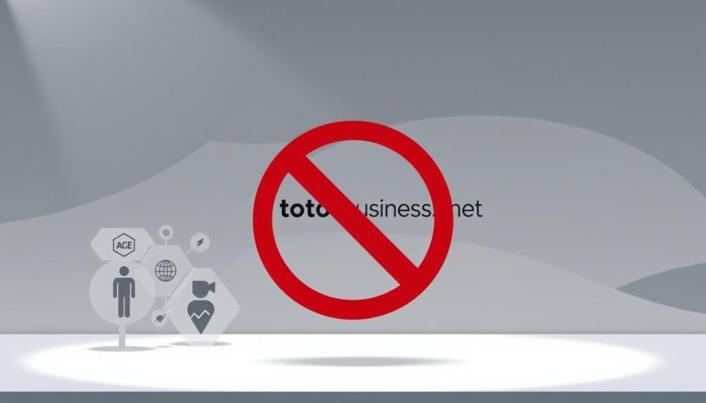 A sophisticated digital illustration depicting the concept of "targeting restrictions" for online advertising. The foreground features a sharp, angular graphic representation of various demographic icons - age, gender, location, interests, etc. - overlaid with a semi-transparent red "prohibited" symbol, symbolizing the limitations and restrictions imposed on advertisers. The middle ground showcases a tontonbusiness.net logo, appearing as a sleek, minimalist design element. The background is a muted, abstract gradient, lending a sense of professionalism and authority to the scene. Subtle lighting from the top left creates depth and dimension, while the overall color palette is predominantly cool-toned, conveying a serious, business-oriented atmosphere.