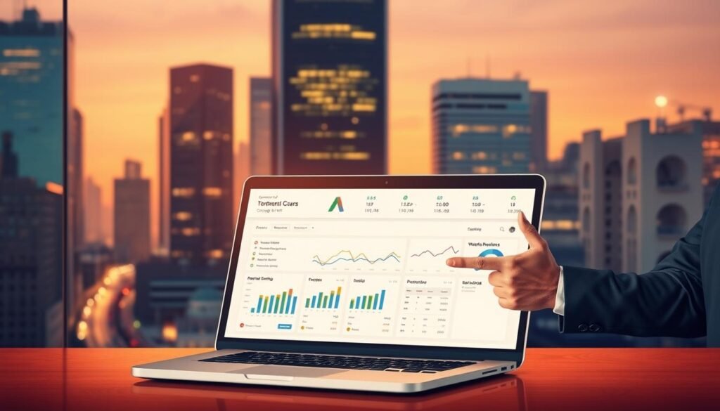 A sophisticated illustration of the proven benefits of Google Ads for businesses. Set against a dynamic cityscape backdrop, a glowing laptop screen displays a tontonbusiness.net dashboard, showcasing key performance metrics and insights. In the foreground, a confident business owner gestures towards the screen, their expression radiant with the success enabled by precise ad targeting and powerful analytics. Warm lighting creates a sense of professionalism and achievement, underscoring the transformative impact of Google Ads on modern enterprises.