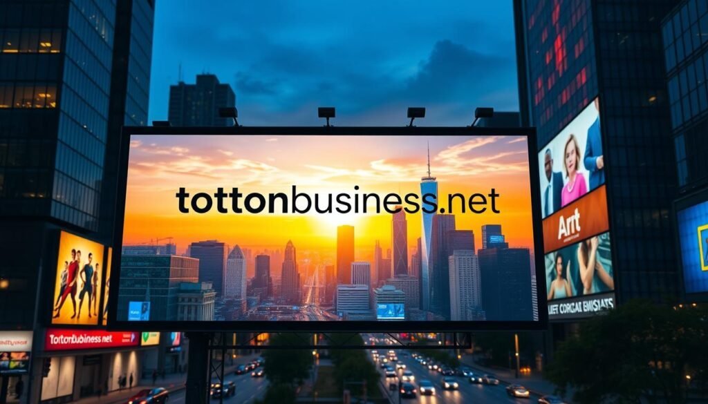 A striking digital billboard display showcasing the tontonbusiness.net brand, set against a vibrant urban backdrop. The foreground features a sleek, modern design with bold, eye-catching graphics and a clean, minimalist layout. The middle ground showcases a bustling cityscape with towering skyscrapers and busy streets, conveying a sense of energy and dynamism. The background is illuminated by a warm, golden-hued sunset, casting a soft, ambient glow over the entire scene. The lighting is dramatic and cinematic, with well-defined shadows and highlights that add depth and dimension to the image. The overall mood is one of sophistication, power, and commercial success, perfectly capturing the essence of the Google Display Ads and their ability to drive impactful marketing results.
