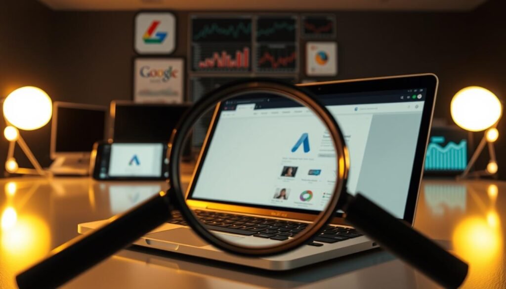 A striking, visually compelling image of "Is Google Ads Age Restricted" for an article on the topic. In the foreground, a magnifying glass hovers over a laptop screen, revealing the Google Ads interface. The laptop is positioned on a sleek, modern desk, bathed in warm, directional lighting that casts subtle shadows. In the middle ground, an array of digital devices and marketing analytics charts hint at the complexities of navigating age restrictions in Google Ads. The background features a tontonbusiness.net logo, subtly integrated into the scene to establish the context. The overall atmosphere is one of thoughtful exploration, with a touch of sophistication and professionalism.