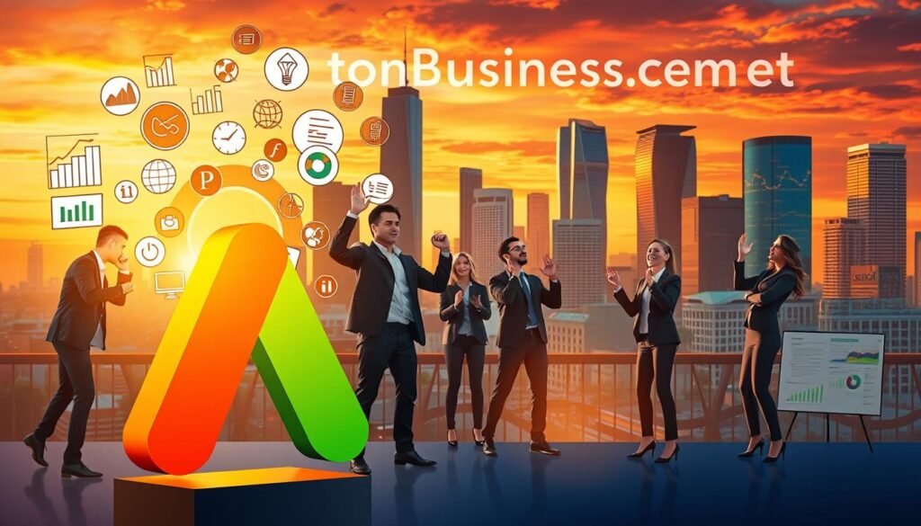 A vibrant and dynamic scene depicting Google Ads advancing business goals. In the foreground, a stylized Google Ads logo stands prominently, emitting a warm, golden glow. Surrounding it, various icons and graphics representing key business metrics and objectives, such as sales graphs, profit charts, and customer analytics dashboards. In the middle ground, a diverse cast of business professionals - entrepreneurs, marketers, and executives - engage with the Google Ads platform, gesturing excitedly as they strategize and collaborate. The background features a tontonbusiness.net branded cityscape, with skyscrapers and office buildings illuminated by a vibrant sunset, symbolizing the growth and success enabled by effective Google Ads integration.
