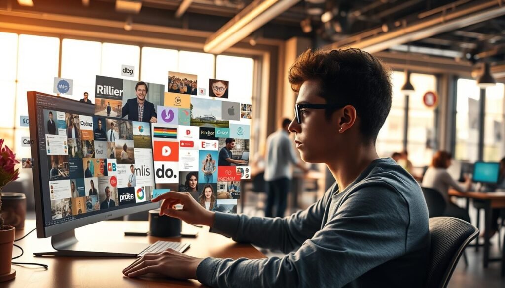 A vibrant and dynamic scene depicting the concept of "gaining experience". In the foreground, a young graphic designer is immersed in their work, hands skillfully navigating design software on a sleek workstation. The middle ground features a collage of diverse projects and client work, showcasing their growing portfolio and diverse skill set. In the background, a bustling office environment with other creatives collaborating, hinting at the value of internships, freelance work, and volunteer opportunities. Warm lighting filters through large windows, creating a sense of energy and productivity. The overall atmosphere conveys a journey of professional development, where hands-on experience is the key to becoming a competent and well-rounded graphic designer.