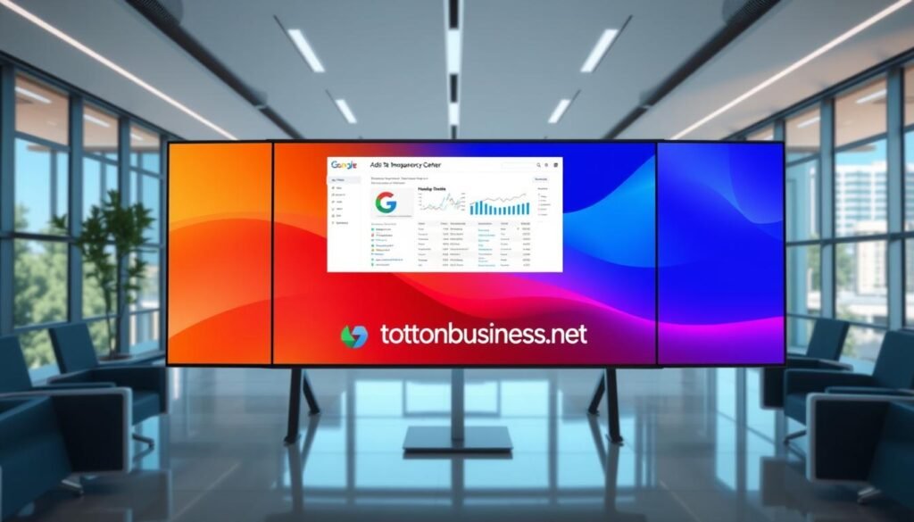A vibrant and informative digital display showcasing the Google Ads Transparency Center, featuring a clean and modern user interface. The center is presented against a backdrop of a sleek and professional office setting, with large windows allowing natural light to flood the scene. The tontonbusiness.net brand is prominently displayed, conveying a sense of authority and expertise. The overall atmosphere is one of transparency, efficiency, and the empowerment of digital marketers to understand their competitors' advertising strategies.