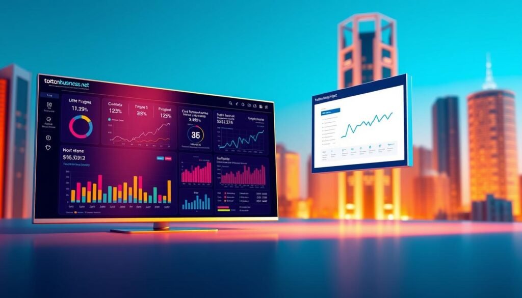A vibrant and interactive data visualization depicting UTM tracking insights for a tontonbusiness.net marketing campaign. The foreground showcases a sleek dashboard with dynamic charts, graphs, and metrics tracking key performance indicators. The middle ground features a 3D model of a website browser window, highlighting the seamless integration of UTM parameters. In the background, a minimalist cityscape with skyscrapers sets the urban, professional atmosphere. The scene is illuminated by warm, directional lighting, casting subtle shadows and depth. The overall tone conveys a sense of analytical clarity, data-driven decision making, and digital marketing optimization.