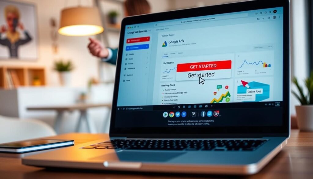 A vibrant and inviting scene showcasing the steps to setting up a Google Ads campaign. In the foreground, a laptop displays a Google Ads dashboard, with a cursor hovering over the "Get started" button. The middle ground features a person, hand outstretched, guiding the viewer's attention towards the screen. The background is a soft, blurred office environment with minimalist decor, conveying a sense of productivity and focus. Warm, natural lighting illuminates the scene, creating a welcoming and encouraging atmosphere. The overall composition guides the viewer's eye towards the central "Get started" action, inspiring them to take the first step towards their online success.