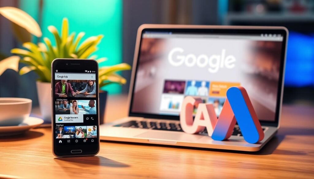 A vibrant and visually engaging digital marketing landscape, showcasing the diverse campaign formats of Google Ads. In the foreground, a sleek smartphone displays various ad options, from captivating video ads to eye-catching display banners. The middle ground features a laptop screen, illustrating the versatility of Google's search and discovery platforms. In the background, a stylized representation of the tontonbusiness.net brand logo adds a touch of professionalism and authority. The scene is bathed in a warm, inviting lighting, conveying the effectiveness and accessibility of Google Ads as a powerful advertising solution.