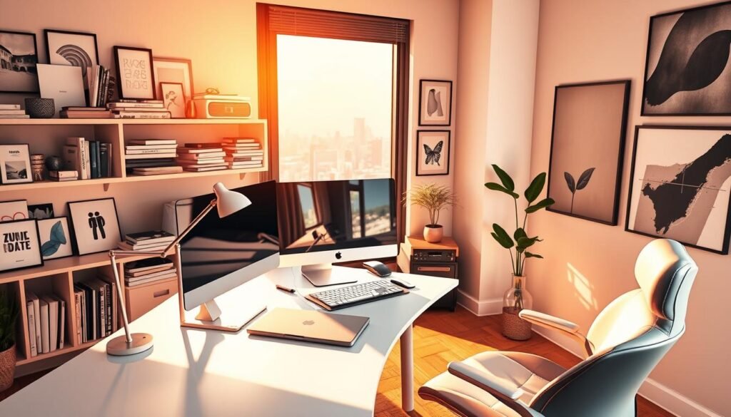 A vibrant, contemporary design workspace bathed in warm, natural light. A sleek, minimalist desk with a powerful desktop computer, an elegant graphics tablet, and a stylish desk lamp. Shelves in the background display an array of design books, mood boards, and inspirational trinkets. The walls are adorned with framed artworks and muted abstract prints, creating a visually stimulating environment. A large window overlooking a bustling city skyline provides a sense of connection to the outside world, while a plush ergonomic chair invites the designer to immerse themselves in their craft. The overall atmosphere exudes creativity, focus, and the anticipation of embarking on a new design journey.
