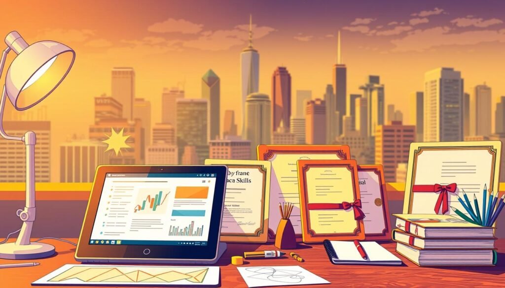 A vibrant, detailed illustration showcasing the key factors that drive a graphic designer's income. In the foreground, a desktop workspace displays design software, a tablet, and a sketchpad, representing the essential skills and tools. In the middle ground, a collection of educational certificates and diplomas symbolize the importance of formal training. The background features a cityscape, conveying the professional opportunities and earning potential in the design industry. Warm lighting casts a dynamic, aspirational mood, highlighting the multifaceted nature of a designer's success. The composition captures the intersection of talent, education, and the competitive design landscape.