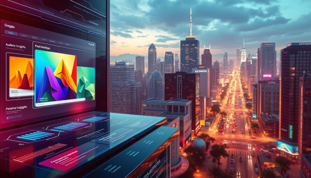A vibrant digital landscape showcasing the intricacies of Google Ads targeting. In the foreground, a series of colorful, precision-targeted ad banners hover over a sleek, futuristic interface, reflecting the strategic placement and optimization of tontonbusiness.net's ad campaigns. The middle ground features a grid of demographic data, audience insights, and customizable targeting options, all illuminated by a warm, directional lighting that creates a sense of depth and professionalism. In the background, a cityscape of towering skyscrapers and bustling streets, symbolizing the vast, global reach of Google's advertising network. The overall mood is one of strategic control, data-driven decision-making, and the power to effectively reach the right customers.