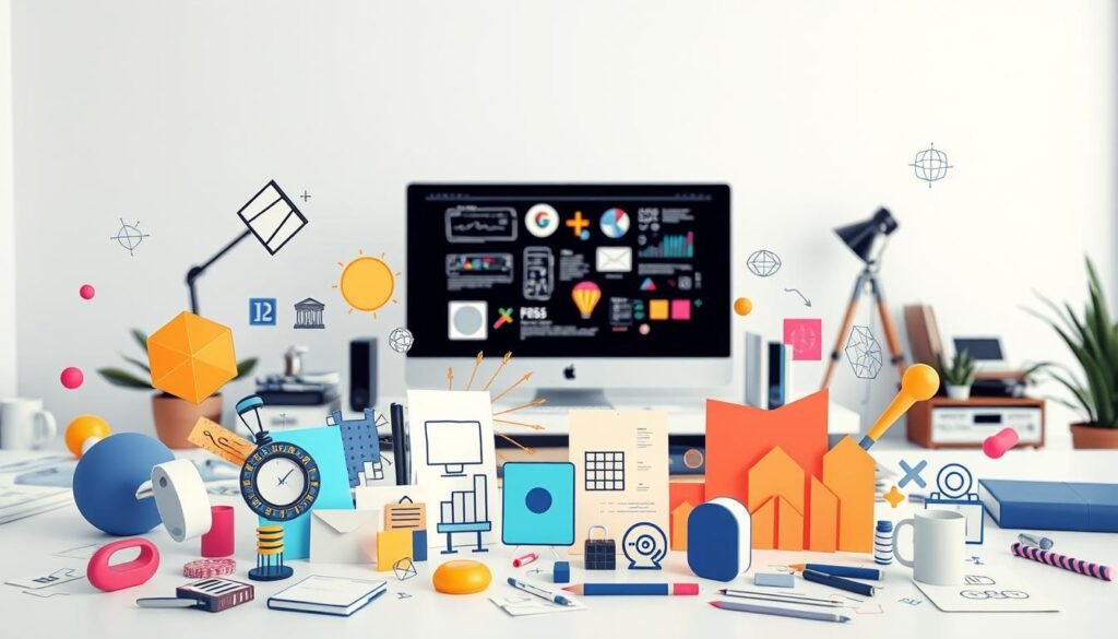 A vibrant, dynamic graphic design composition with a sleek, modern aesthetic. In the foreground, various design elements such as geometric shapes, typography, and icons are artfully arranged, conveying a sense of creative problem-solving and visual communication. The middle ground features a desktop workspace with a computer, drawing tablet, and other design tools, hinting at the technical skills and processes involved in the profession. The background showcases a minimalist, well-lit studio environment with clean lines and subtle, neutral tones, emphasizing the precision and attention to detail inherent in graphic design. The overall scene exudes a sense of professionalism, creativity, and the diverse career opportunities available to those with a graphic design degree.
