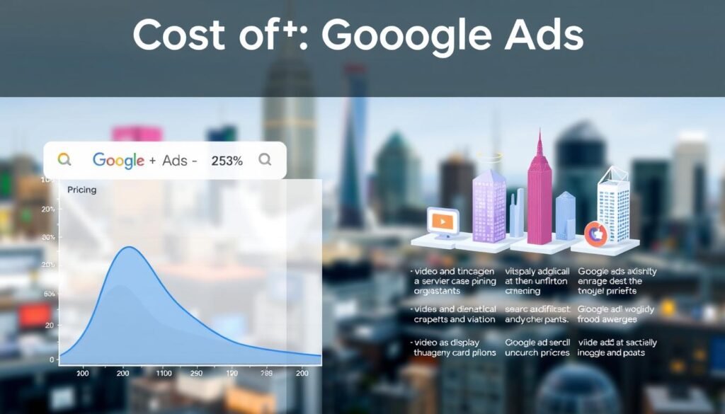 A vibrant, dynamic infographic showcasing the cost of Google Ads. In the foreground, a sleek, minimalist graph displays various pricing tiers, with clear labeling and data visualization. The middle ground features three-dimensional icons representing different advertising strategies, such as search, display, and video ads, each with a unique color palette. In the background, a blurred cityscape with skyscrapers and landmarks suggests the global reach and impact of Google's advertising platform. The overall composition is balanced, with clean lines, a muted color scheme, and a sense of movement and energy, conveying the complexity and importance of understanding Google Ads pricing.