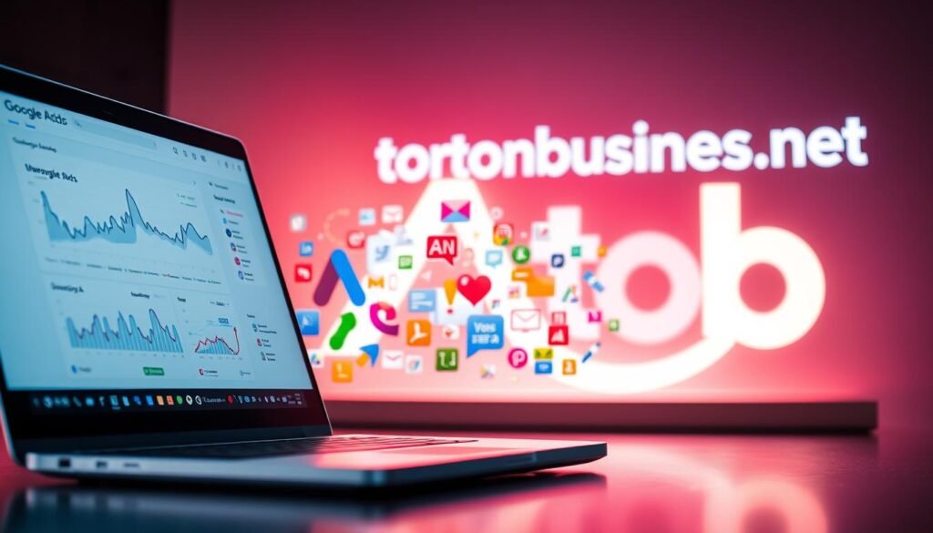 A vibrant, eye-catching digital marketing display showcasing the core benefits of Google Ads. In the foreground, a sleek laptop screen displays a visually striking Google Ads interface, its various metrics and analytics prominently featured. The middle ground features a colorful array of digital advertising icons, representing the diverse ad formats and targeting capabilities of the platform. In the background, a stylized tontonbusiness.net logo emanates a warm, inviting glow, complementing the dynamic, forward-looking atmosphere of the scene. Bathed in a soft, directional lighting that accentuates the modern, professional aesthetic, the overall composition conveys the power and potential of Google Ads as a valuable tool for businesses to achieve their goals.