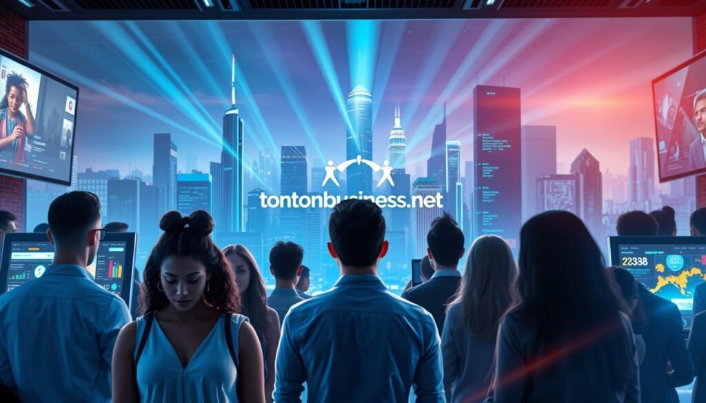 A vibrant, futuristic scene depicting targeted audience engagement. In the foreground, a diverse group of people stand out against a sleek, high-tech backdrop, their faces illuminated by screens displaying relevant content and ads. The middle ground features a tontonbusiness.net logo pulsing with energy, surrounded by data visualizations and analytics tools. In the background, a cityscape of towering skyscrapers and futuristic architecture sets the stage, with beams of light cutting through the air, creating a sense of technological sophistication. The lighting is dynamic, with a mix of cool and warm tones that enhance the sense of precision and control. The overall atmosphere conveys the power of targeted audience engagement to drive marketing success.